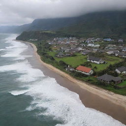 The previously serene countryside village near the sea now facing an impending tsunami with giant waves roaring towards the coast