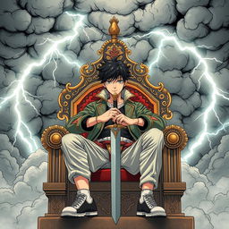 A captivating manhwa-style illustration of a teenager seated on an intricately designed throne, holding a sword confidently in his hands