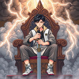 A captivating manhwa-style illustration of a teenager seated on an intricately designed throne, holding a sword confidently in his hands