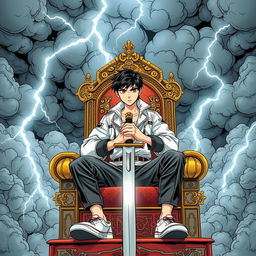 A captivating manhwa-style illustration of a teenager seated on an intricately designed throne, holding a sword confidently in his hands