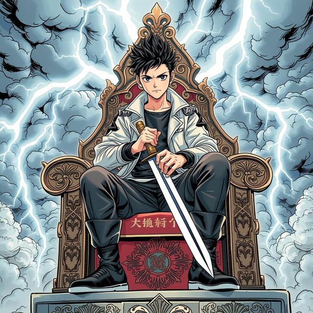 A captivating manhwa-style illustration of a teenager seated on an intricately designed throne, holding a sword confidently in his hands