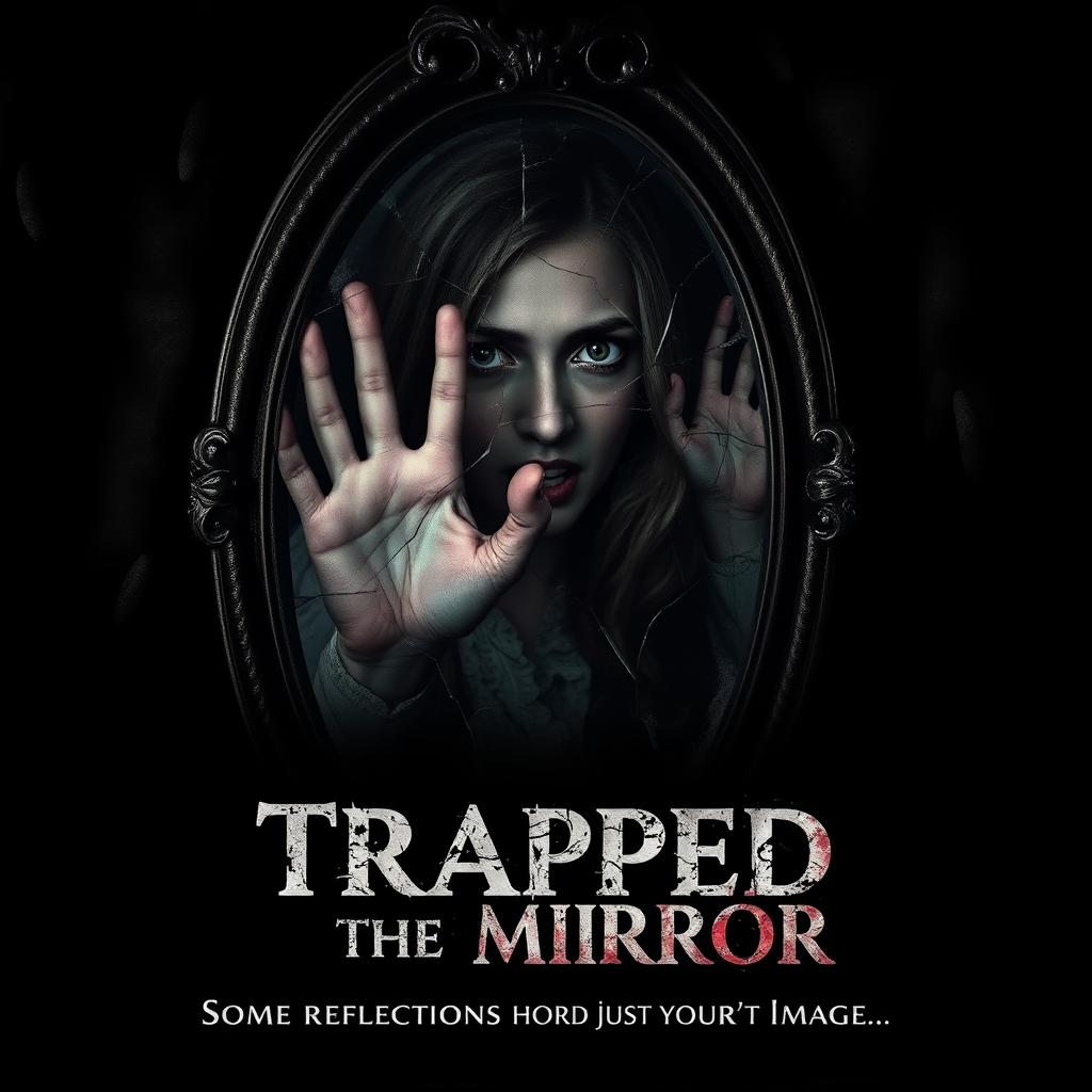 A realistic movie poster for a horror film titled 'Trapped in the Mirror'