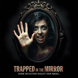 A realistic movie poster for a horror film titled 'Trapped in the Mirror'