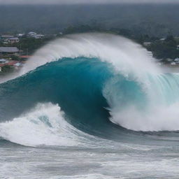 The impending tsunami, now defined as a colossal 15-meter high wave, is roaring ominously towards the previously serene countryside village near the sea