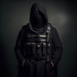 A Hollywood-style kidnapper commander shrouded in a black long coat and a bullet-proof vest, projecting an aura of cold menace and authority.