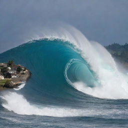 The impending tsunami, now defined as a colossal 15-meter high wave, is roaring ominously towards the previously serene countryside village near the sea