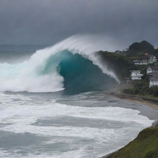 The impending tsunami, now defined as a colossal 15-meter high wave, is roaring ominously towards the previously serene countryside village near the sea