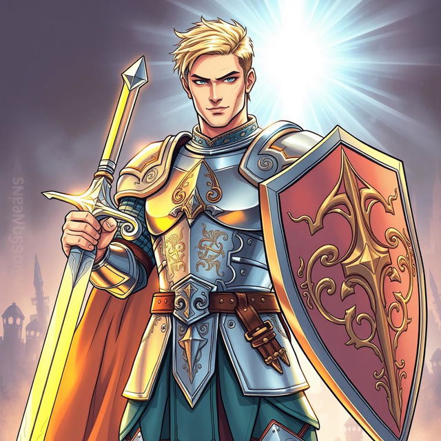 An illustration of a handsome human paladin inspired by Dungeons & Dragons, depicted in a drawing style