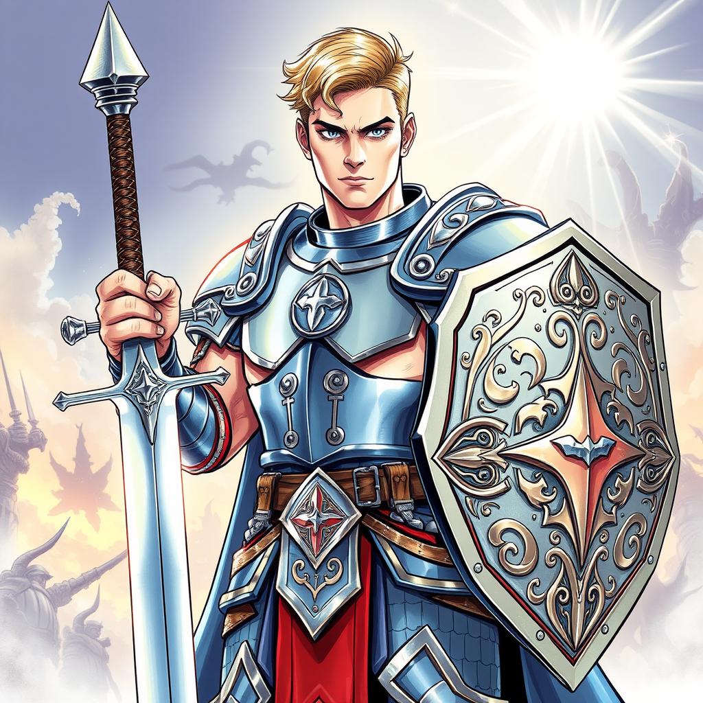 An illustration of a handsome human paladin inspired by Dungeons & Dragons, depicted in a drawing style