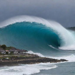 The impending tsunami, now defined as a colossal 15-meter high wave, is roaring ominously towards the previously serene countryside village near the sea