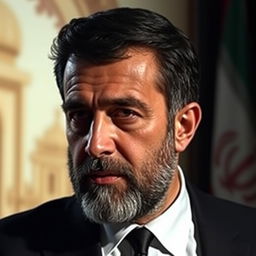 A portrait of Mahmoud Ahmadinejad, the former President of Iran, showcasing his distinctive features such as his short beard and dark hair