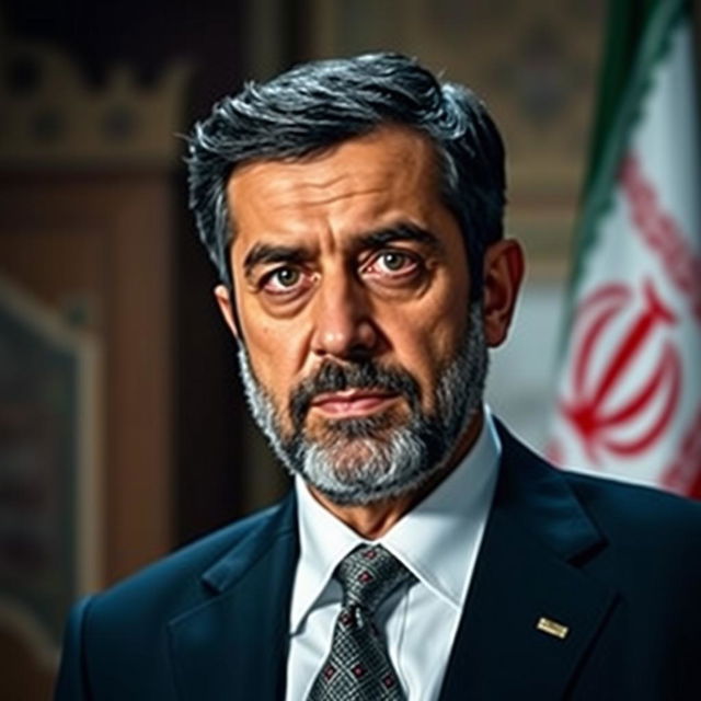 A portrait of Mahmoud Ahmadinejad, the former President of Iran, showcasing his distinctive features such as his short beard and dark hair