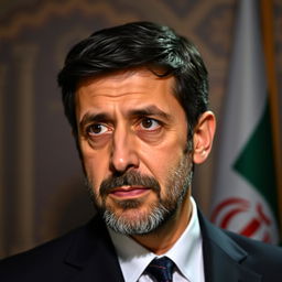 A portrait of Mahmoud Ahmadinejad, the former President of Iran, showcasing his distinctive features such as his short beard and dark hair