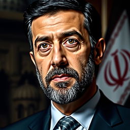 A portrait of Mahmoud Ahmadinejad, the former President of Iran, showcasing his distinctive features such as his short beard and dark hair
