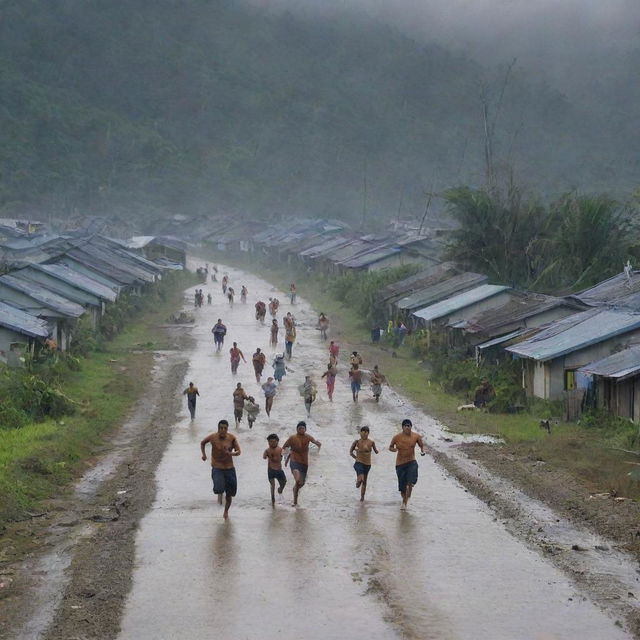 Chaos ensues in the previously serene countryside village as the colossal 15-meter high tsunami approaches. Panicked villagers are seen running away, seeking refuge from the imminent danger