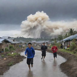 Chaos ensues in the previously serene countryside village as the colossal 15-meter high tsunami approaches. Panicked villagers are seen running away, seeking refuge from the imminent danger