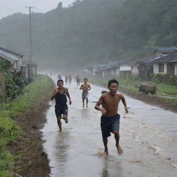 Chaos ensues in the previously serene countryside village as the colossal 15-meter high tsunami approaches. Panicked villagers are seen running away, seeking refuge from the imminent danger