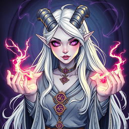An illustration of a beautiful tiefling sorceress inspired by Dungeons & Dragons, depicted in a detailed drawing style