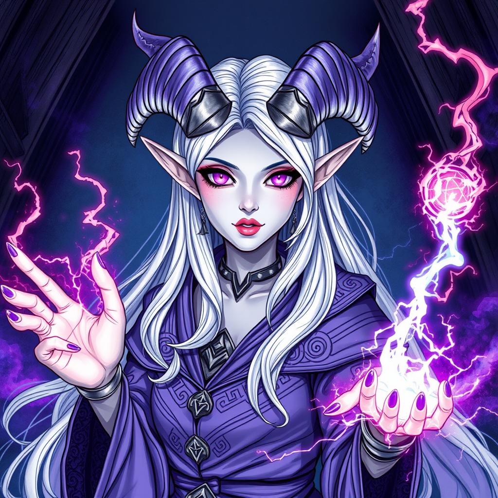 An illustration of a beautiful tiefling sorceress inspired by Dungeons & Dragons, depicted in a detailed drawing style