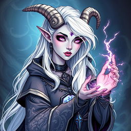 An illustration of a beautiful tiefling sorceress inspired by Dungeons & Dragons, depicted in a detailed drawing style