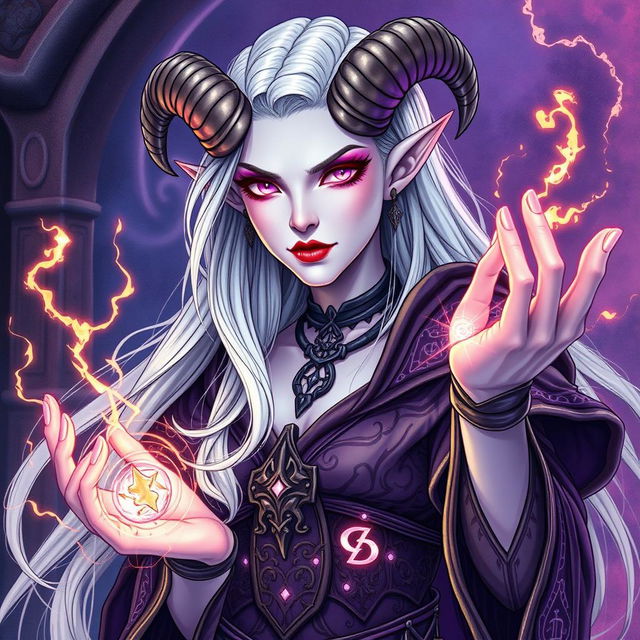 An illustration of a beautiful tiefling sorceress inspired by Dungeons & Dragons, depicted in a detailed drawing style