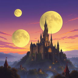 Three distinct moon-like spheres beginning to overlap in the early evening sky above a fantastical city, where an impressive castle stands majestically atop a hill