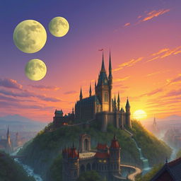 Three distinct moon-like spheres beginning to overlap in the early evening sky above a fantastical city, where an impressive castle stands majestically atop a hill