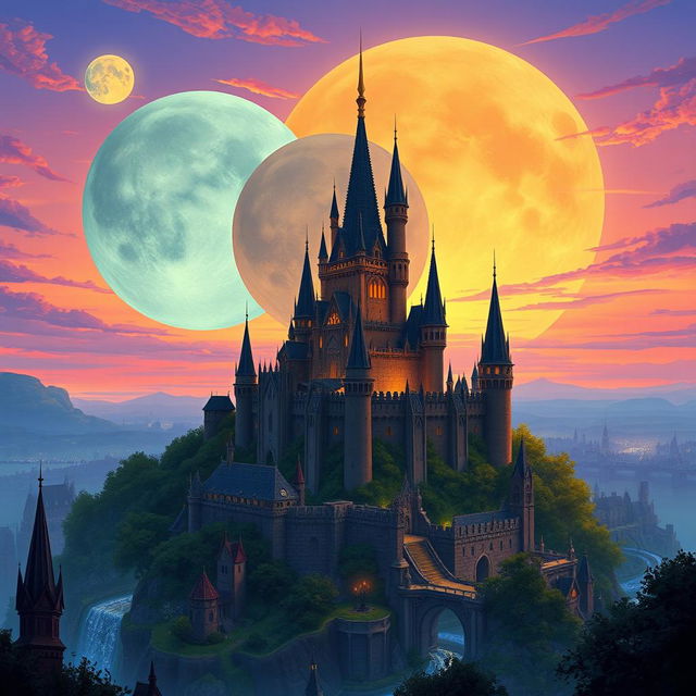 Three distinct moon-like spheres beginning to overlap in the early evening sky above a fantastical city, where an impressive castle stands majestically atop a hill