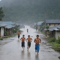 Chaos ensues in the previously serene countryside village as the colossal 15-meter high tsunami approaches. Panicked villagers are seen running away, seeking refuge from the imminent danger