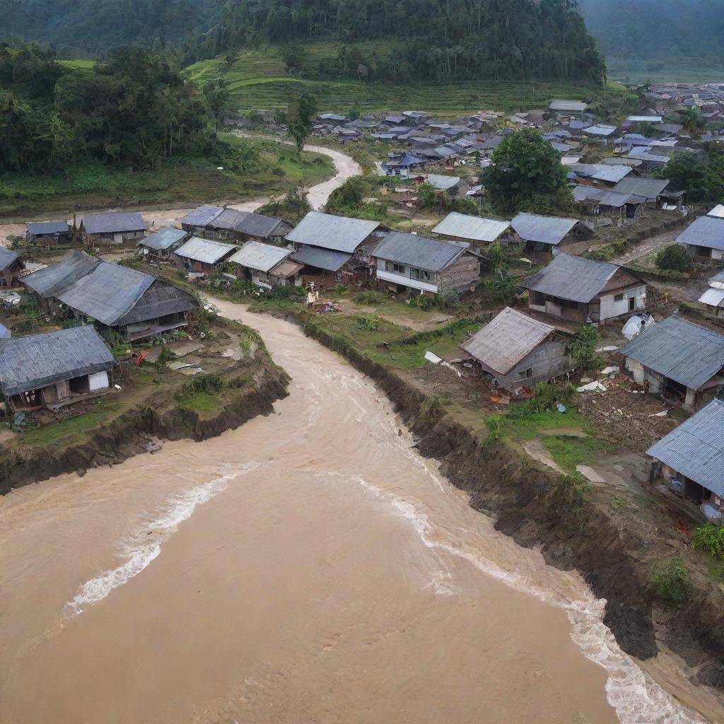 The massive 15-meter high tsunami crashes into the countryside village, overwhelming the rustic houses and farmland, turning the once peaceful scenery into a scene of devastating natural disaster