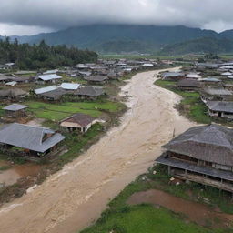 The massive 15-meter high tsunami crashes into the countryside village, overwhelming the rustic houses and farmland, turning the once peaceful scenery into a scene of devastating natural disaster