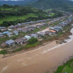 The massive 15-meter high tsunami crashes into the countryside village, overwhelming the rustic houses and farmland, turning the once peaceful scenery into a scene of devastating natural disaster