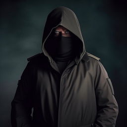 A Hollywood-style kidnapper commander shrouded in a black long coat and a bullet-proof vest, projecting an aura of cold menace and authority.