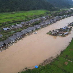 The massive 15-meter high tsunami crashes into the countryside village, overwhelming the rustic houses and farmland, turning the once peaceful scenery into a scene of devastating natural disaster