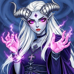 An illustration of a beautiful tiefling sorceress inspired by Dungeons & Dragons, created in a detailed drawing style