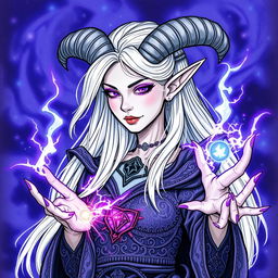 An illustration of a beautiful tiefling sorceress inspired by Dungeons & Dragons, created in a detailed drawing style