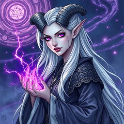 An illustration of a beautiful tiefling sorceress inspired by Dungeons & Dragons, created in a detailed drawing style
