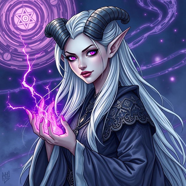 An illustration of a beautiful tiefling sorceress inspired by Dungeons & Dragons, created in a detailed drawing style