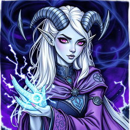 An illustration of a beautiful tiefling sorceress inspired by Dungeons & Dragons, created in a detailed drawing style