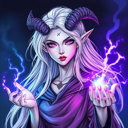 An illustration of a beautiful tiefling sorceress inspired by Dungeons & Dragons, created in a detailed drawing style