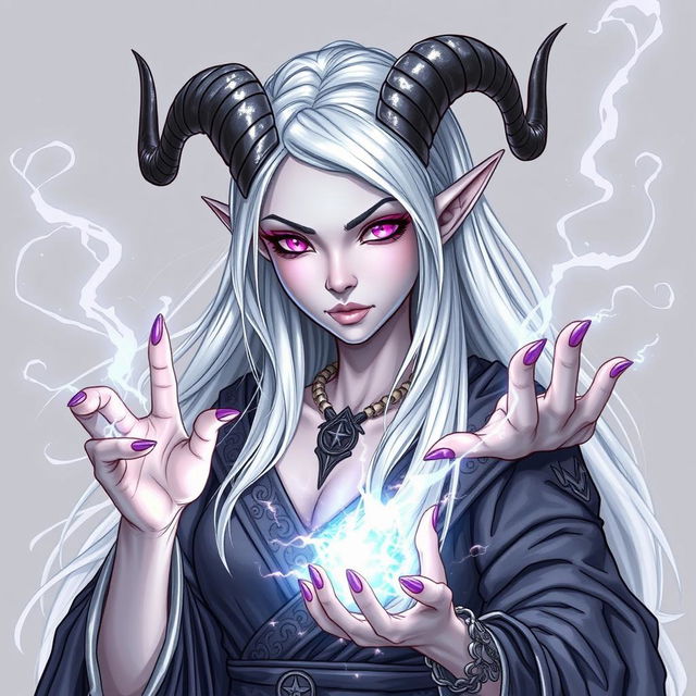 An illustration of a beautiful tiefling sorceress inspired by Dungeons & Dragons, created in a detailed drawing style