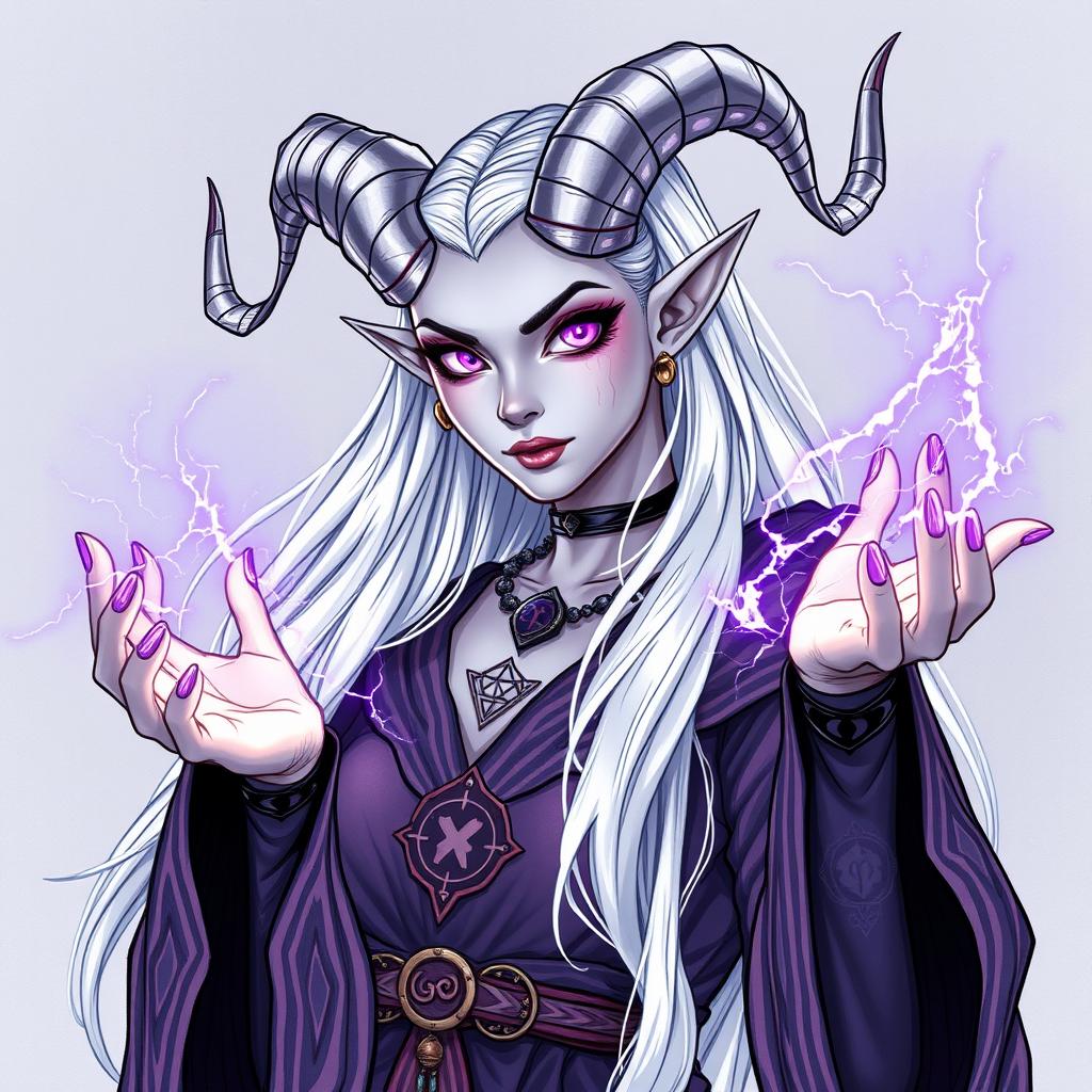 An illustration of a beautiful tiefling sorceress inspired by Dungeons & Dragons, created in a detailed drawing style