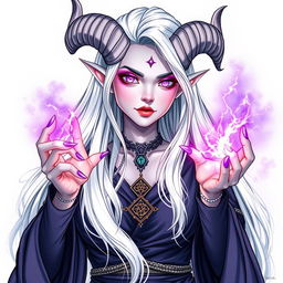 An illustration of a beautiful tiefling sorceress inspired by Dungeons & Dragons, created in a detailed drawing style