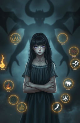 A mysterious scene featuring a girl with dark hair and captivating lavender eyes standing confidently