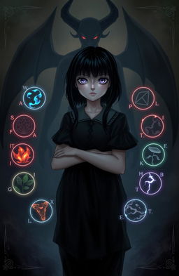 A mysterious scene featuring a girl with dark hair and captivating lavender eyes standing confidently