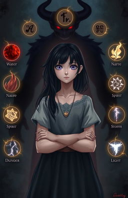 A mysterious scene featuring a girl with dark hair and captivating lavender eyes standing confidently