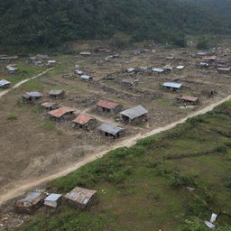 In the wake of the colossal tsunami, the countryside village is left in ruins. All rustic houses are utterly destroyed, their fragments strewn across what used to be peaceful farmland