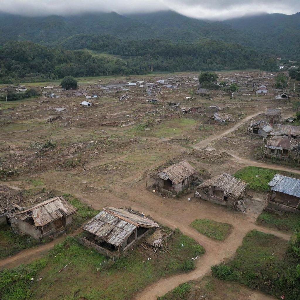 In the wake of the colossal tsunami, the countryside village is left in ruins. All rustic houses are utterly destroyed, their fragments strewn across what used to be peaceful farmland