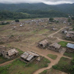 In the wake of the colossal tsunami, the countryside village is left in ruins. All rustic houses are utterly destroyed, their fragments strewn across what used to be peaceful farmland