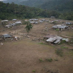 In the wake of the colossal tsunami, the countryside village is left in ruins. All rustic houses are utterly destroyed, their fragments strewn across what used to be peaceful farmland